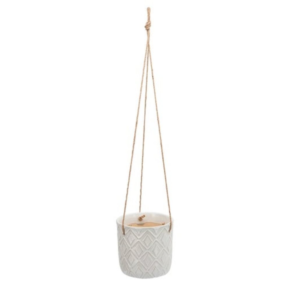 7" White and Brown Ceramic Outdoor Diamond Hanging Planter